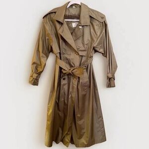 Worthington Essentials Womens 10P Olive Trench Coat Vintage Petite Raincoat Belt